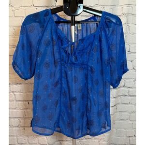 Mudd Royal Blue Medallion Print Sheer Peasant Blouse Short Sleeve Large